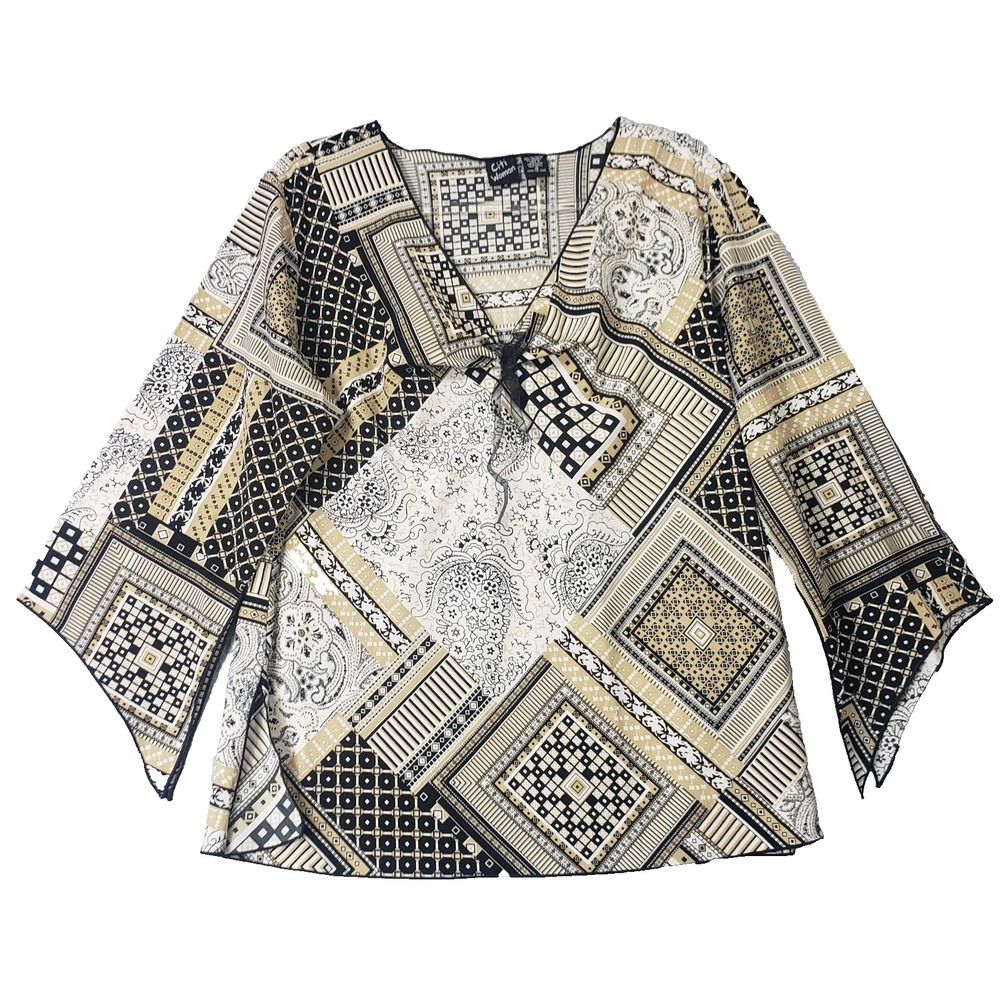 Citi Woman Women's Blouse Size 16 Black Beige Patchwork Print V-Neck Tie Front